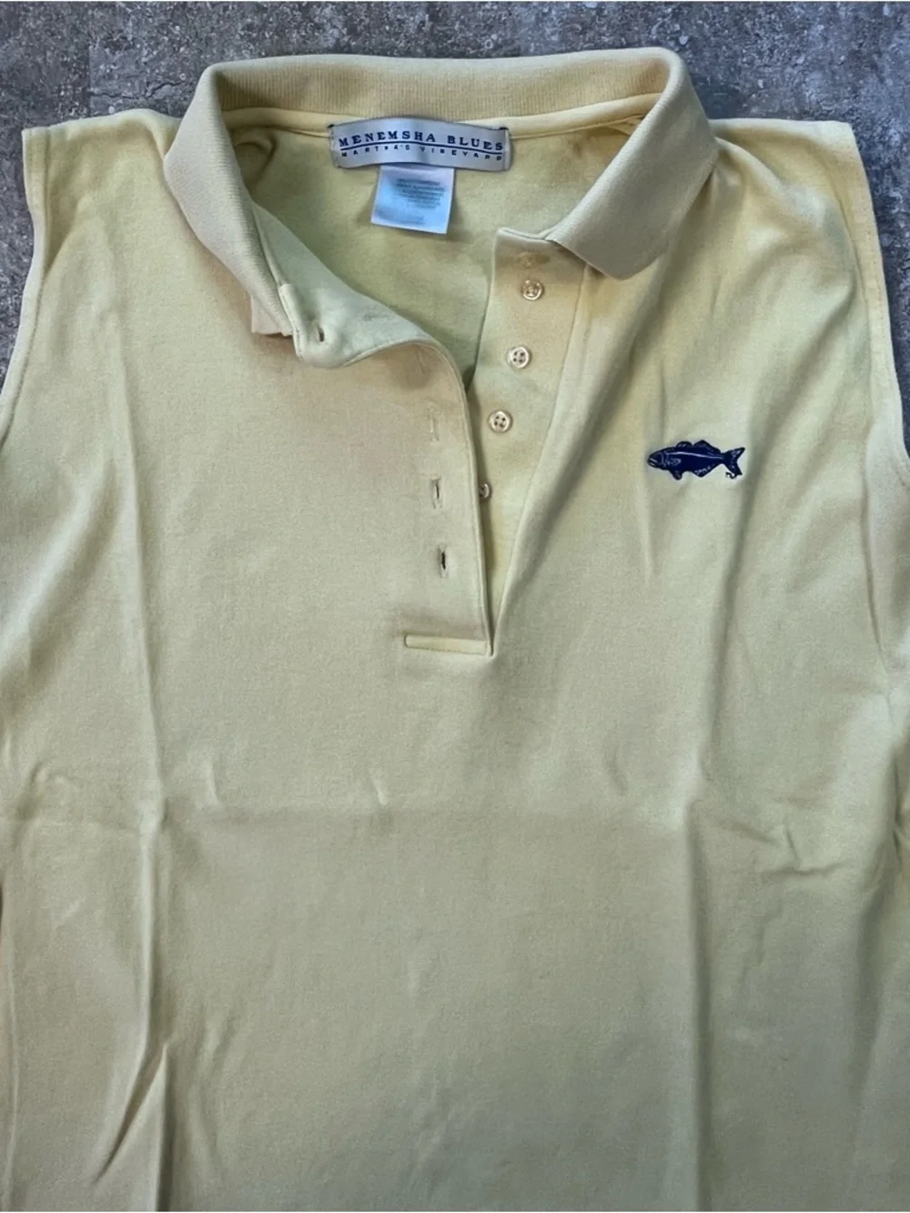 Menemsha Blues Yellow Sleeveless Women’s Polo with Navy Fish Logo - Picture 2 of 5
